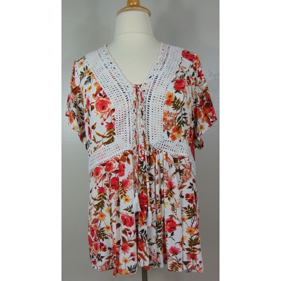 Torrid Cottagecore Babydoll Crochet Trim Top Women 4X Floral Lace Up Tassel Boho - Picture 2 of 11